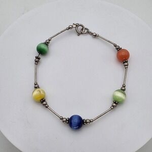 Vtg New Zealand Cat's Eye Bracelet Chalcedony Bead 925 Sterling Silver Tube Link